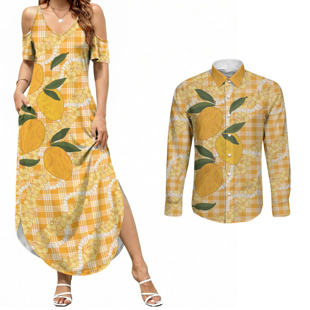 Alani Hawaiian Mango Palaka Couples Matching Summer Maxi Dress and Long Sleeve Button Shirt Aloha Hibiscus Pikake Lei LT9 Orange - Polynesian Pride