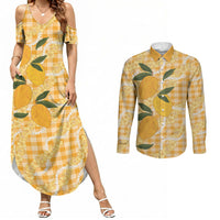 Alani Hawaiian Mango Palaka Couples Matching Summer Maxi Dress and Long Sleeve Button Shirt Aloha Hibiscus Pikake Lei LT9 Orange - Polynesian Pride