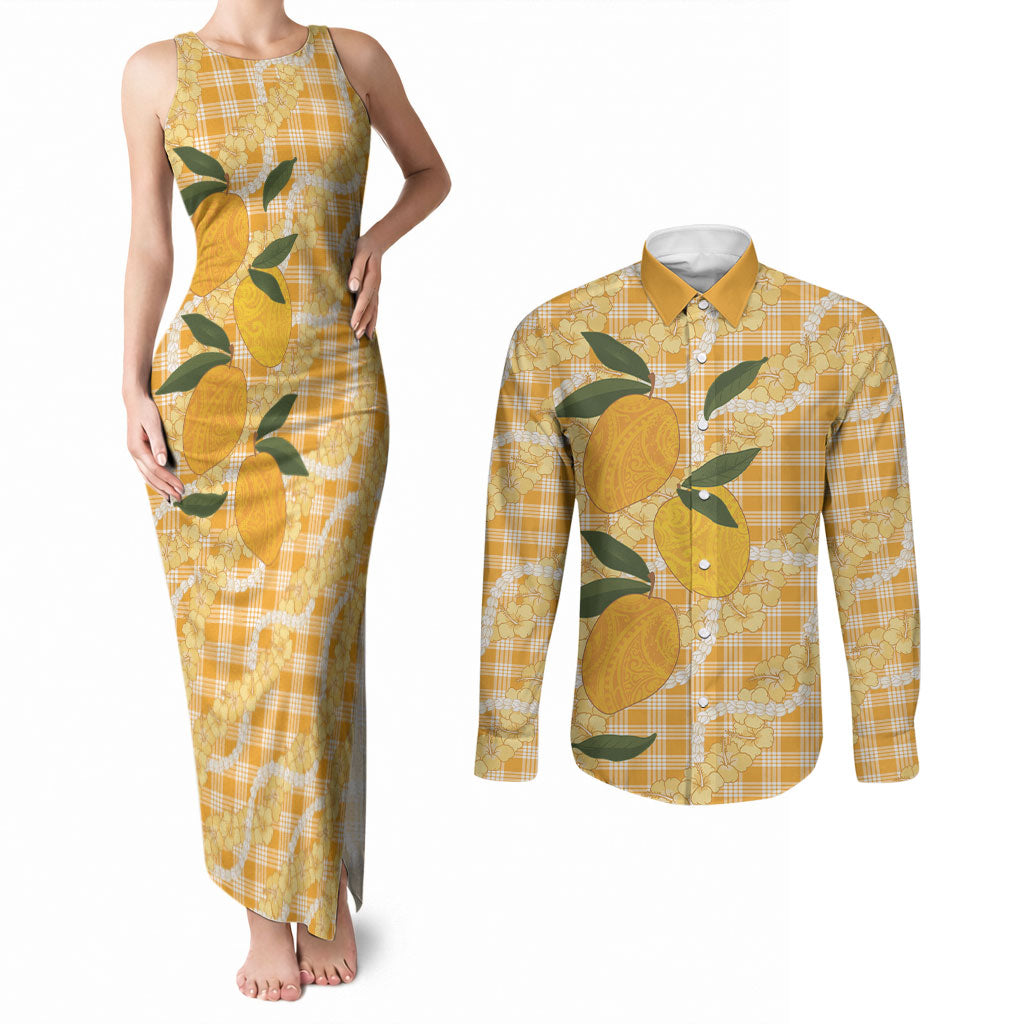 Alani Hawaiian Mango Palaka Couples Matching Tank Maxi Dress and Long Sleeve Button Shirt Aloha Hibiscus Pikake Lei LT9 Orange - Polynesian Pride