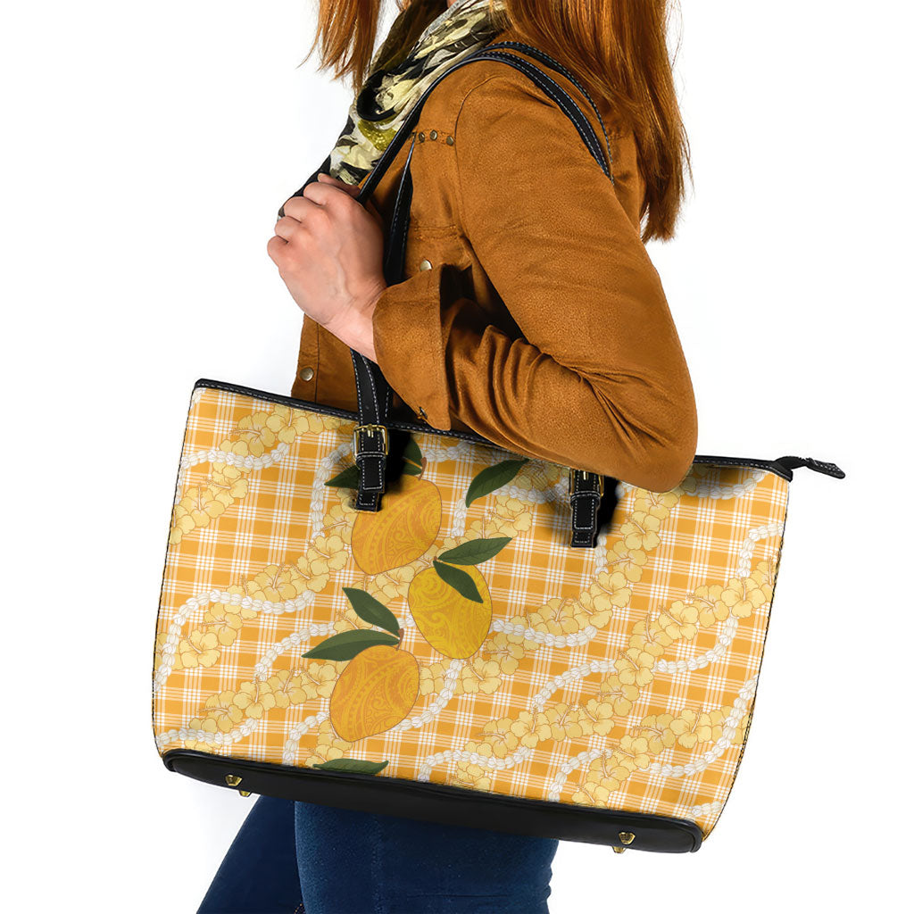 Alani Hawaiian Mango Palaka Leather Tote Bag Aloha Hibiscus Pikake Lei LT9 Orange - Polynesian Pride
