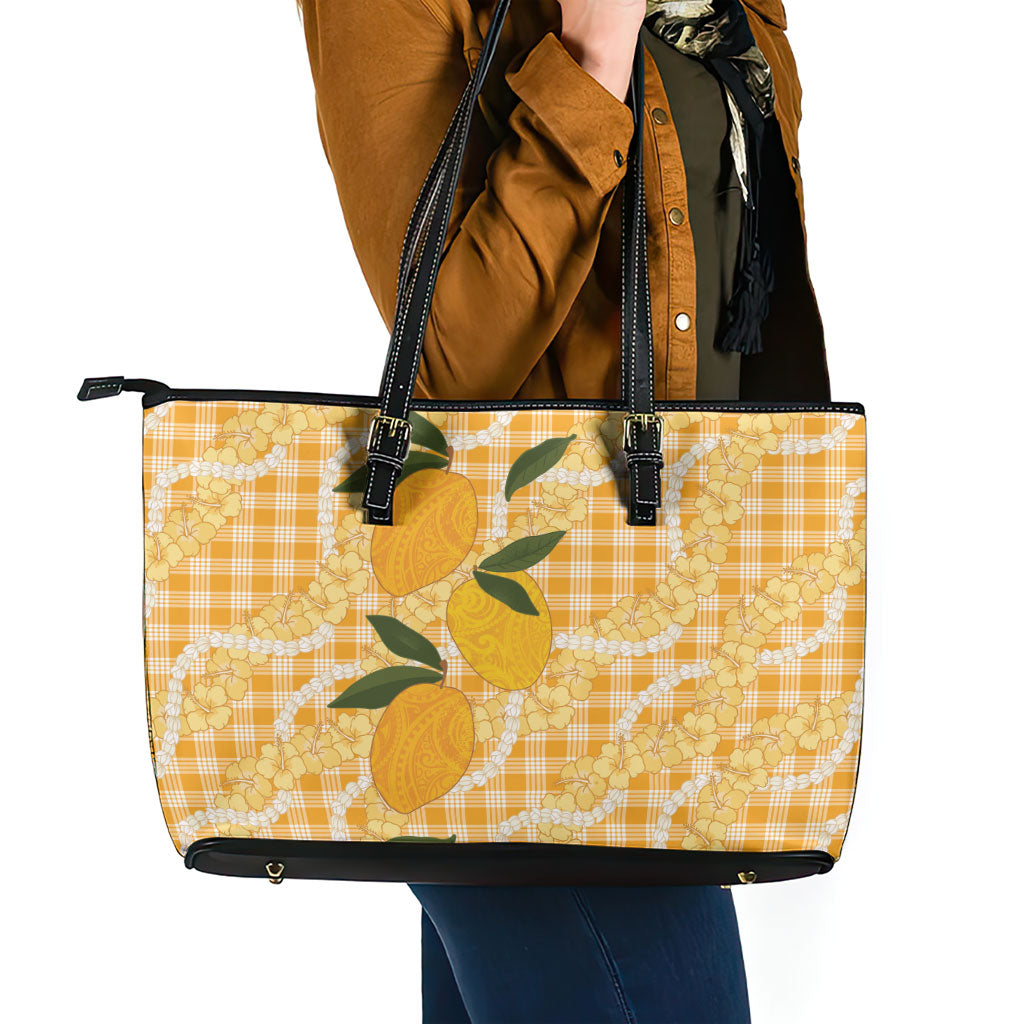 Alani Hawaiian Mango Palaka Leather Tote Bag Aloha Hibiscus Pikake Lei LT9 - Polynesian Pride