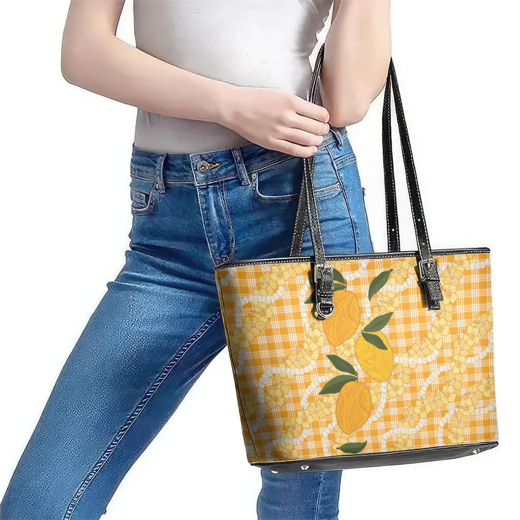 Alani Hawaiian Mango Palaka Leather Tote Bag Aloha Hibiscus Pikake Lei LT9 - Polynesian Pride