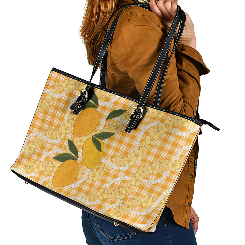 Alani Hawaiian Mango Palaka Leather Tote Bag Aloha Hibiscus Pikake Lei LT9 - Polynesian Pride