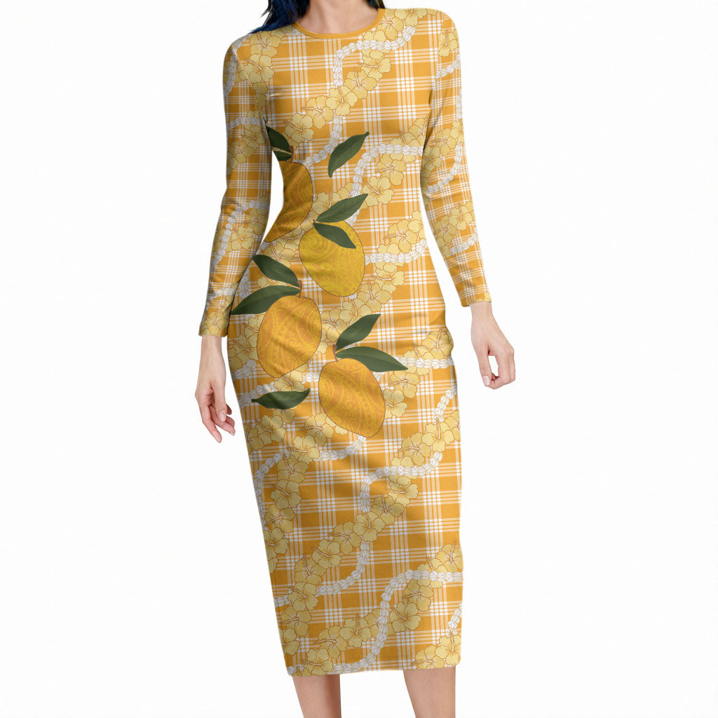 Alani Hawaiian Mango Palaka Long Sleeve Bodycon Dress Aloha Hibiscus Pikake Lei LT9 Long Dress Orange - Polynesian Pride