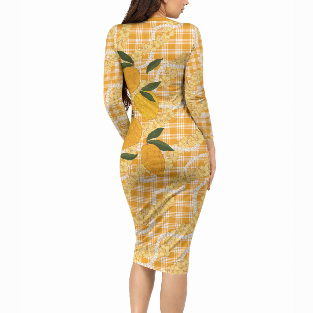 Alani Hawaiian Mango Palaka Long Sleeve Bodycon Dress Aloha Hibiscus Pikake Lei LT9 - Polynesian Pride