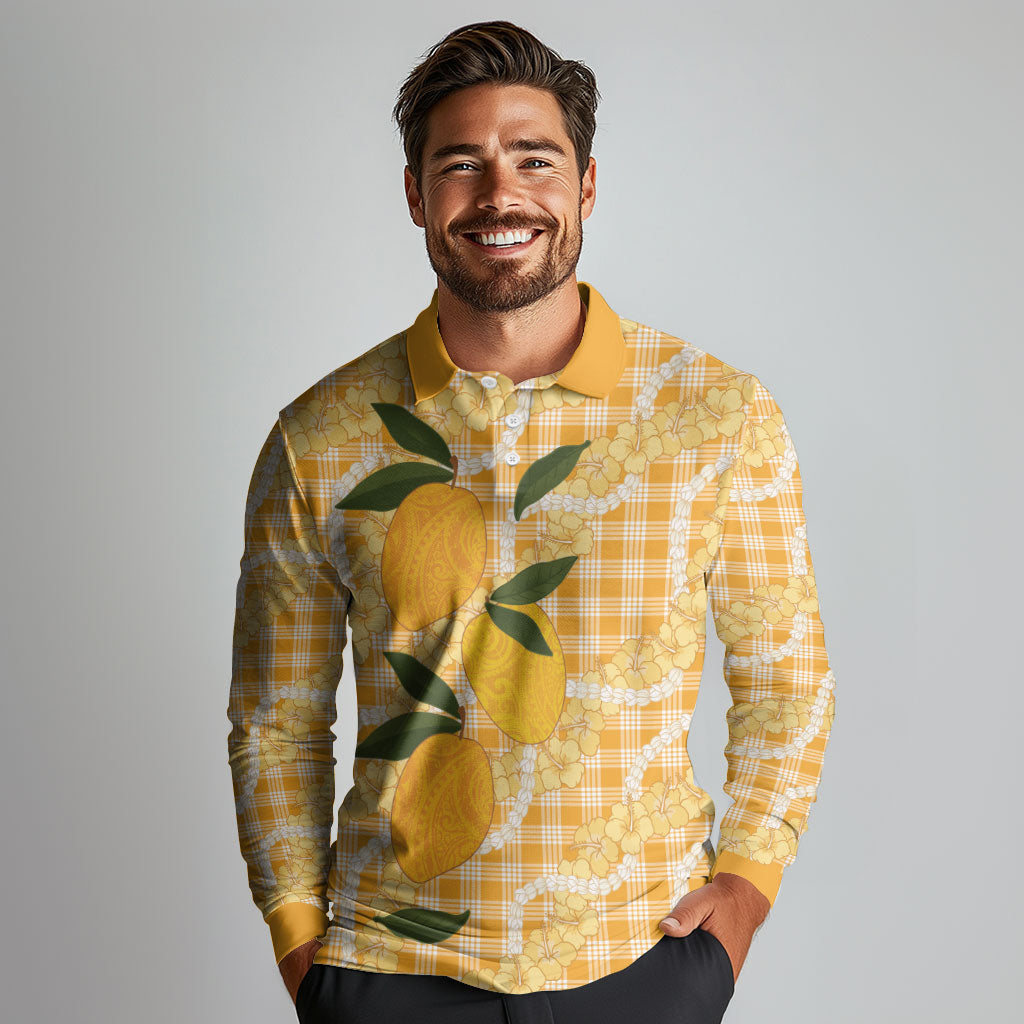 Alani Hawaiian Mango Palaka Long Sleeve Polo Shirt Aloha Hibiscus Pikake Lei LT9 - Polynesian Pride