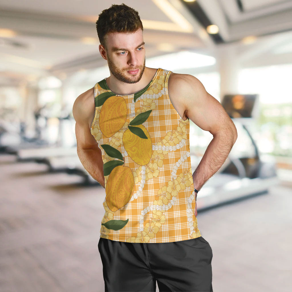 Alani Hawaiian Mango Palaka Men Tank Top Aloha Hibiscus Pikake Lei LT9 Orange - Polynesian Pride