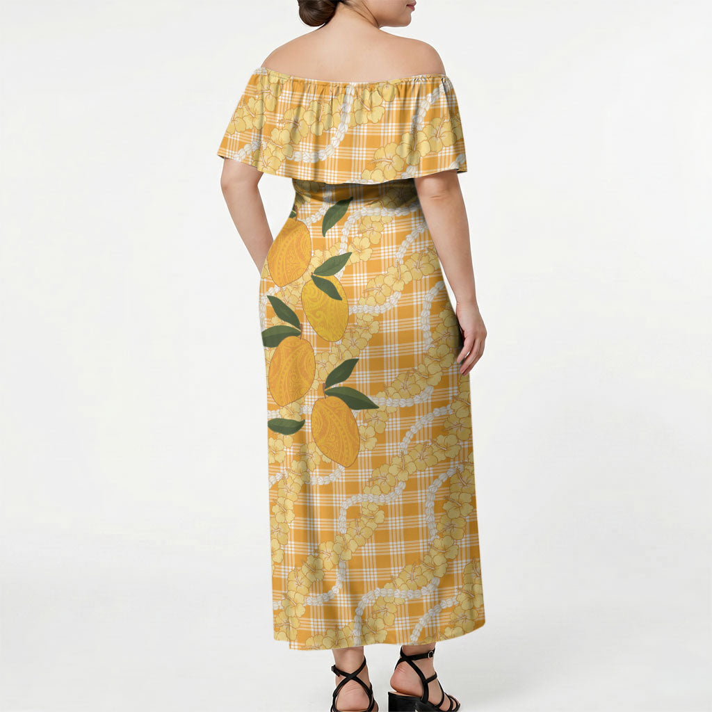 Alani Hawaiian Mango Palaka Off Shoulder Maxi Dress Aloha Hibiscus Pikake Lei LT9 - Polynesian Pride