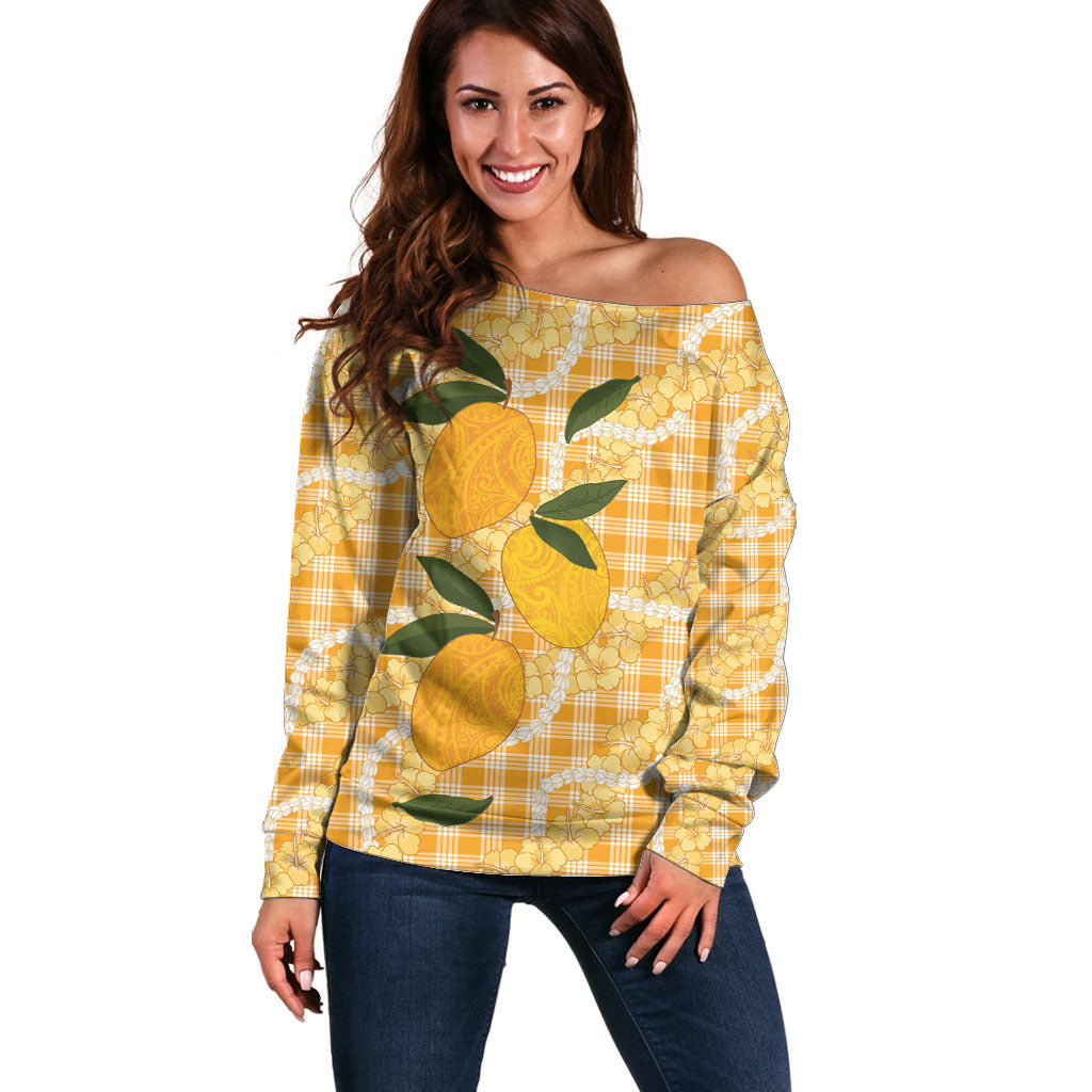 Alani Hawaiian Mango Palaka Off Shoulder Sweater Aloha Hibiscus Pikake Lei LT9 Women Orange - Polynesian Pride