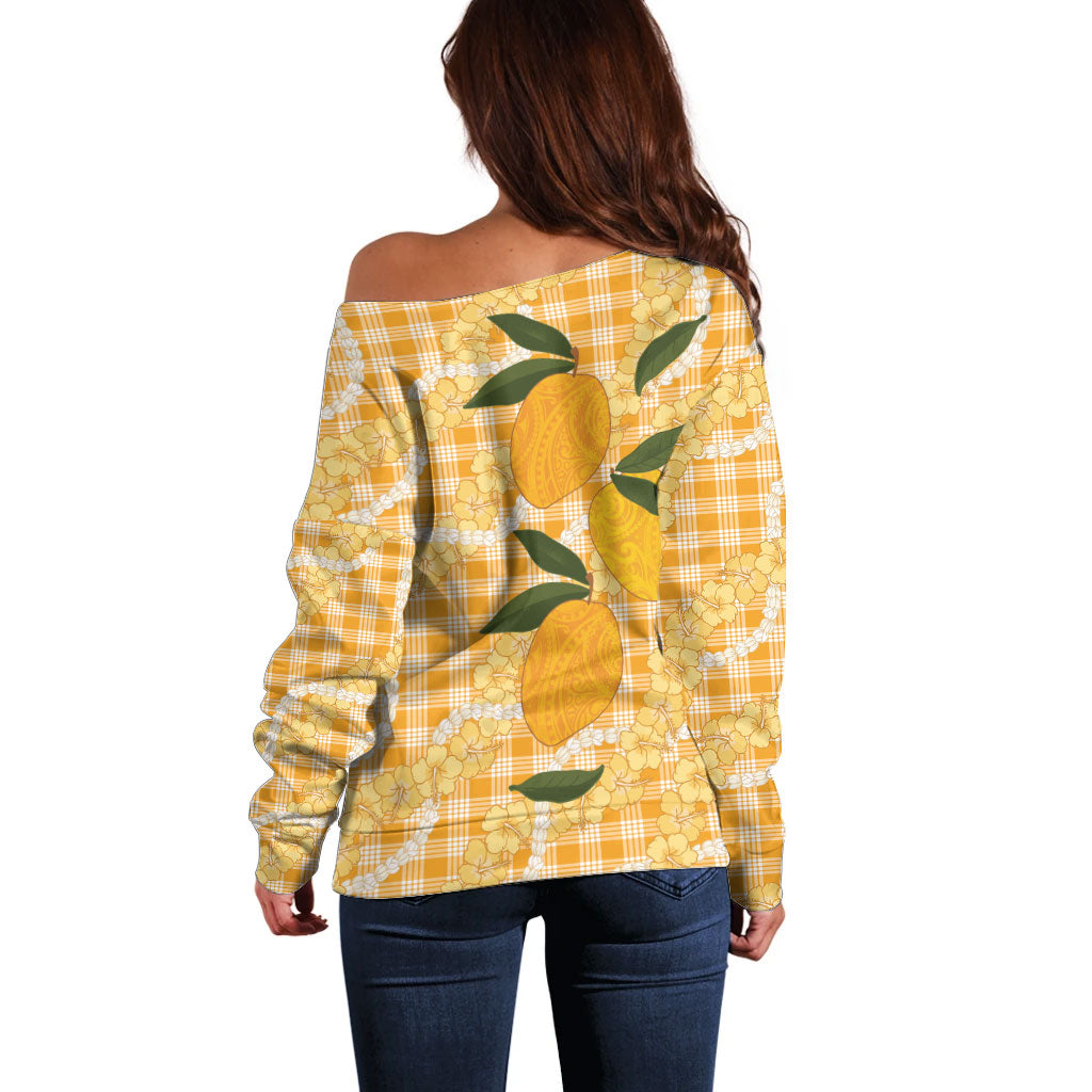 Alani Hawaiian Mango Palaka Off Shoulder Sweater Aloha Hibiscus Pikake Lei LT9 - Polynesian Pride