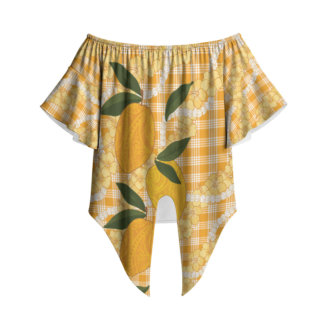 Alani Hawaiian Mango Palaka Off Shoulder Wrap Waist Top Aloha Hibiscus Pikake Lei LT9 Orange - Polynesian Pride