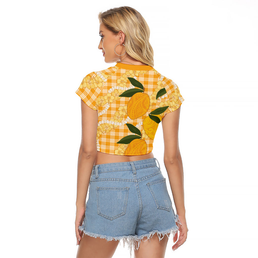 Alani Hawaiian Mango Palaka Raglan Cropped T Shirt Aloha Hibiscus Pikake Lei LT9 - Polynesian Pride