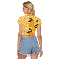 Alani Hawaiian Mango Palaka Raglan Cropped T Shirt Aloha Hibiscus Pikake Lei LT9 - Polynesian Pride