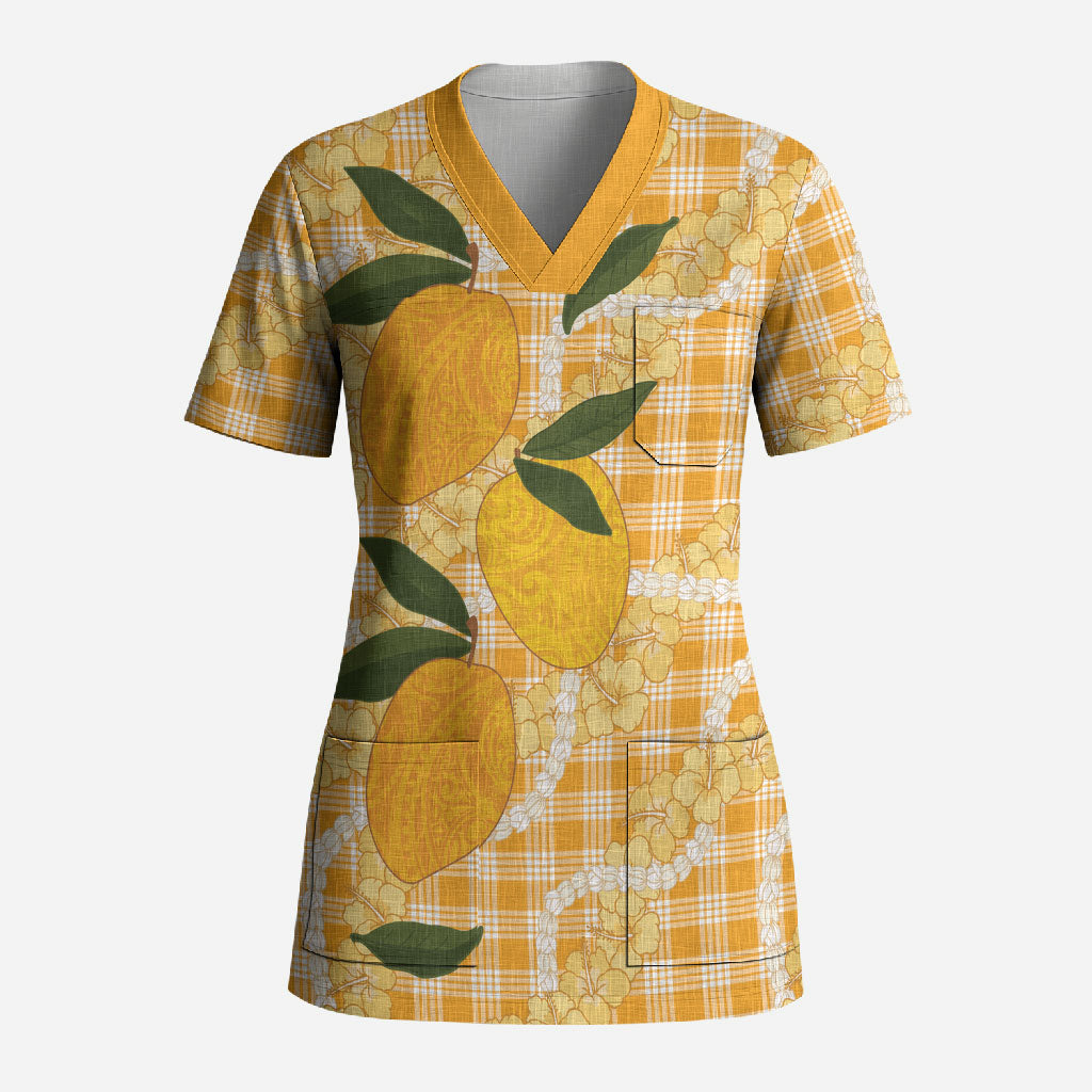 Alani Hawaiian Mango Palaka Scrub Top Aloha Hibiscus Pikake Lei LT9 Adult Orange - Polynesian Pride
