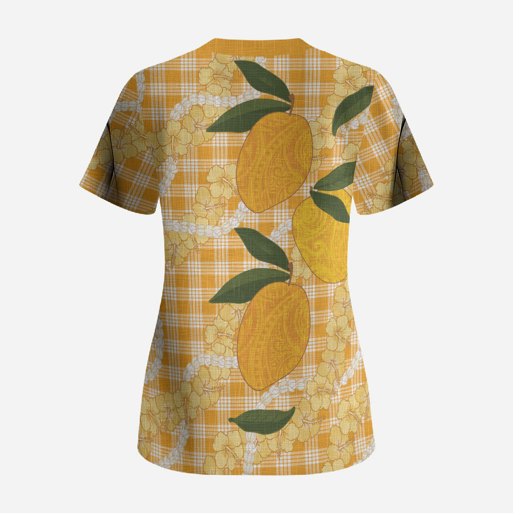 Alani Hawaiian Mango Palaka Scrub Top Aloha Hibiscus Pikake Lei LT9 - Polynesian Pride