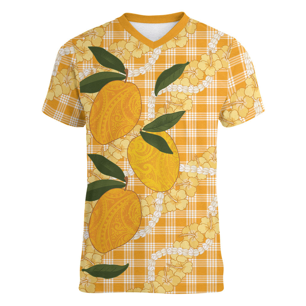 Alani Hawaiian Mango Palaka Women V-Neck T-Shirt Aloha Hibiscus Pikake Lei LT9 Female Orange - Polynesian Pride