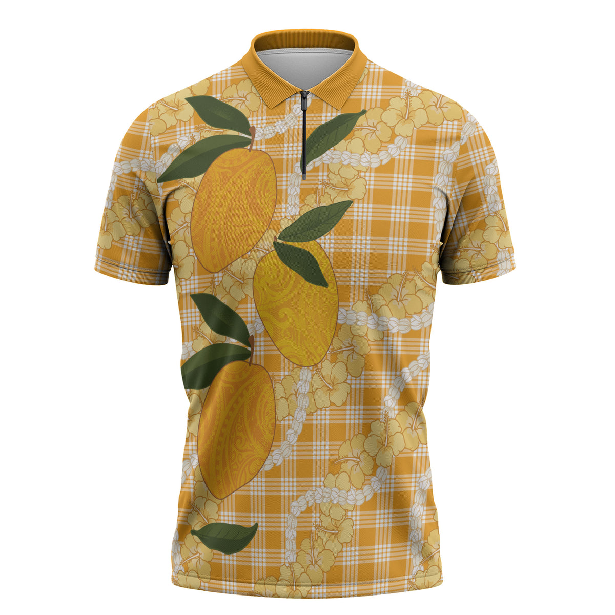 Alani Hawaiian Mango Palaka Zipper Polo Shirt Aloha Hibiscus Pikake Lei LT9 Orange - Polynesian Pride