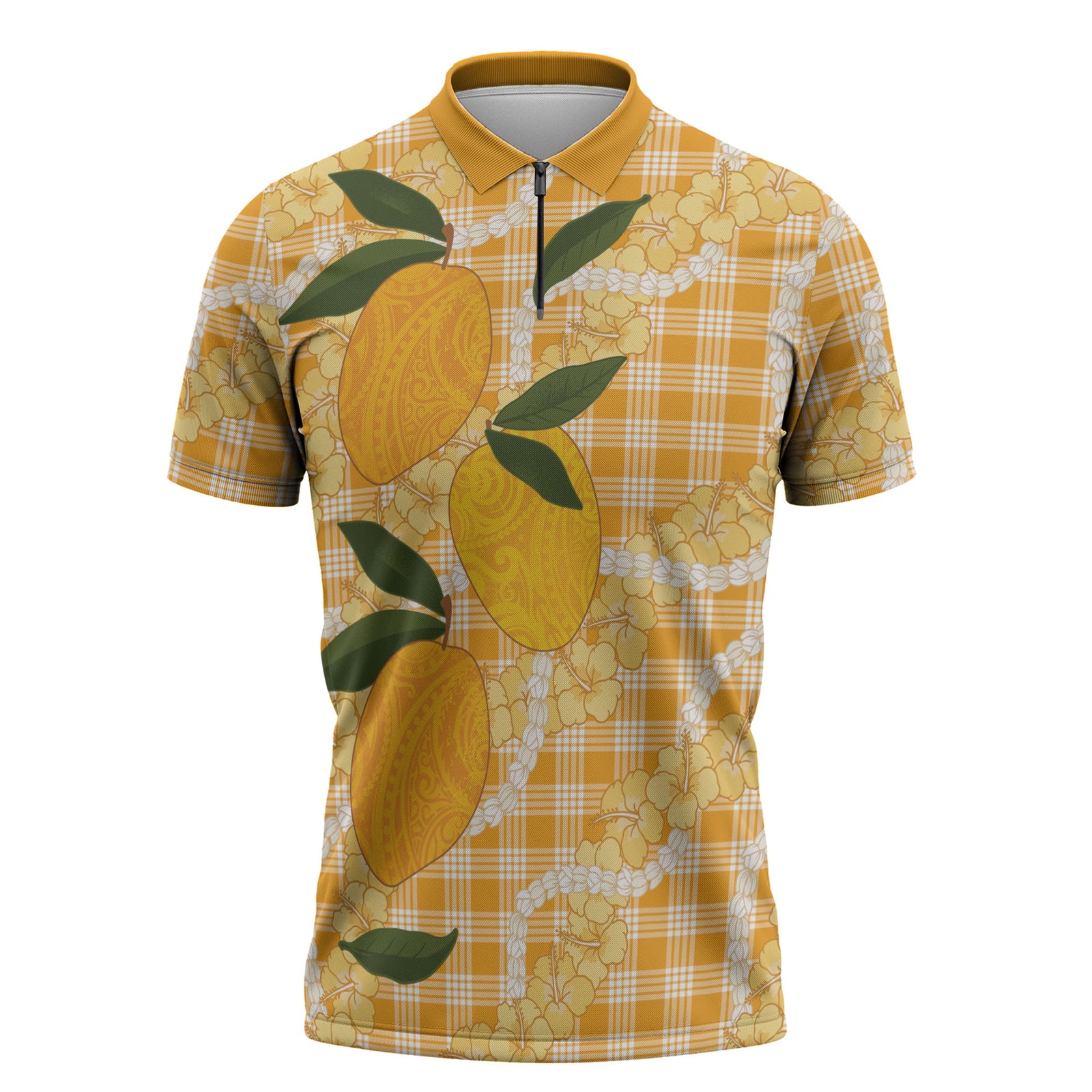 Alani Hawaiian Mango Palaka Zipper Polo Shirt Aloha Hibiscus Pikake Lei LT9 Orange - Polynesian Pride
