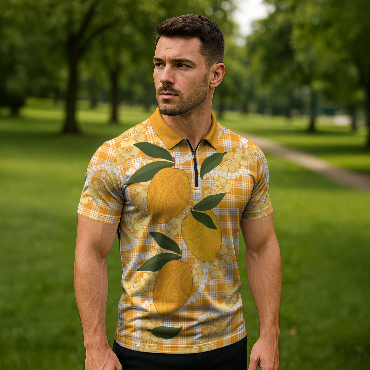 Alani Hawaiian Mango Palaka Zipper Polo Shirt Aloha Hibiscus Pikake Lei LT9 - Polynesian Pride