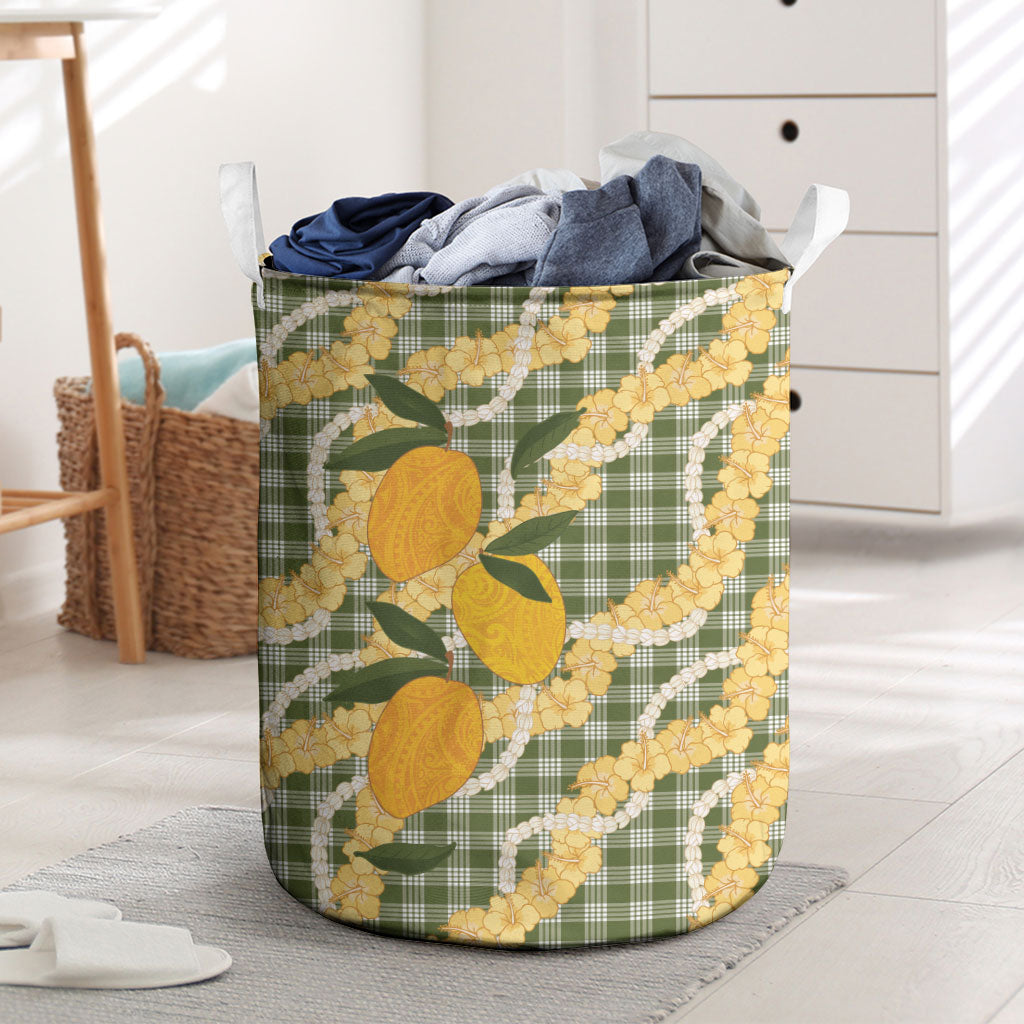 Uliuli Ahiahia Hawaiian Mango Palaka Laundry Basket Aloha Hibiscus Pikake Lei LT9 Sage Green - Polynesian Pride