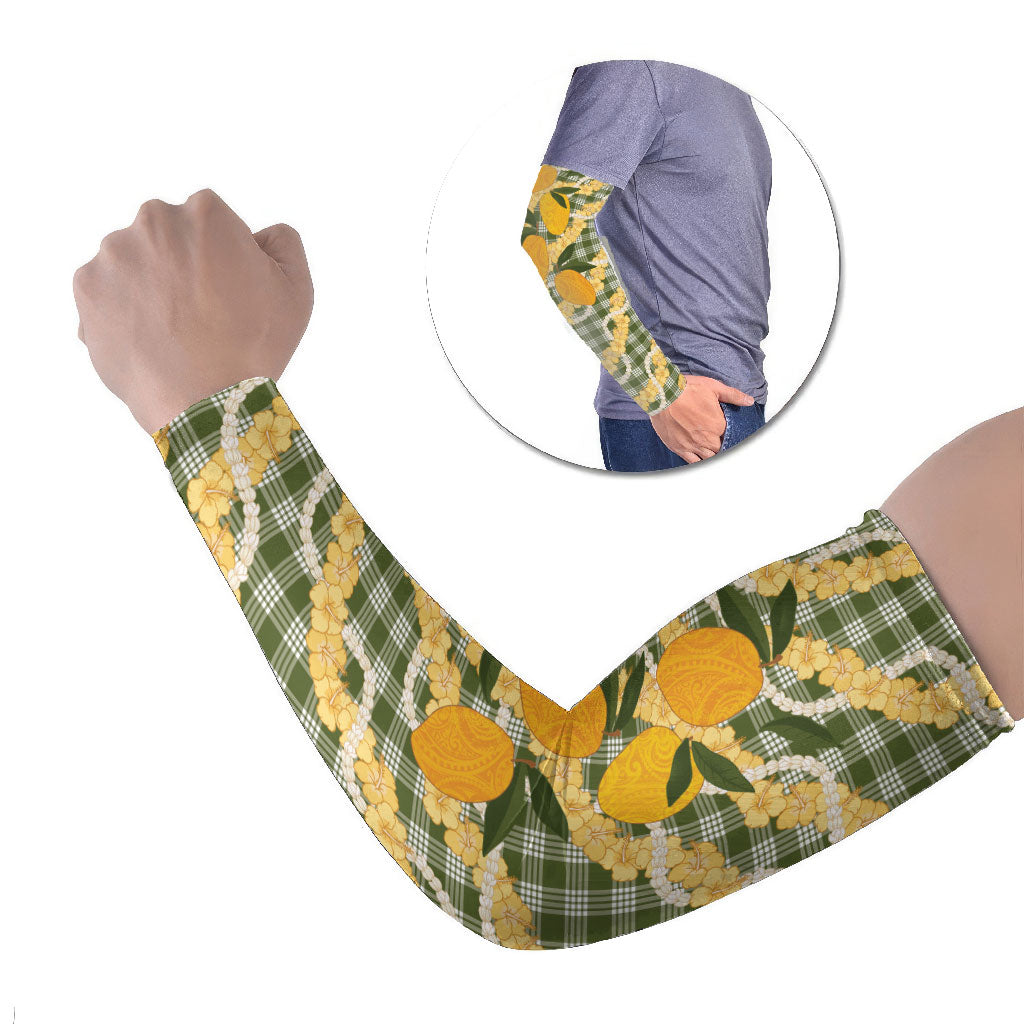 Uliuli Ahiahia Hawaiian Mango Palaka Arm Sleeves Aloha Hibiscus Pikake Lei LT9 Set of 2 Sage Green - Polynesian Pride