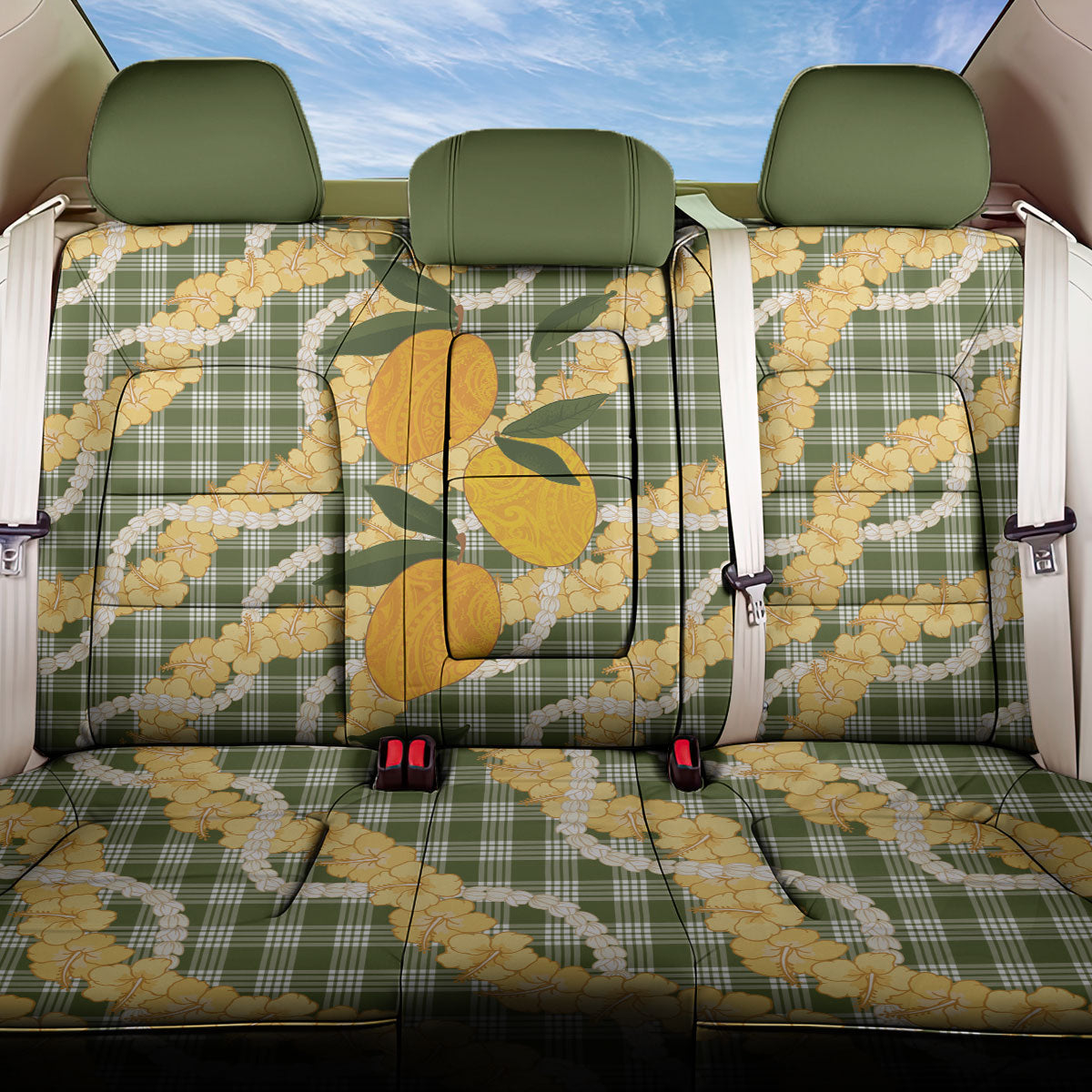 Uliuli Ahiahia Hawaiian Mango Palaka Back Car Seat Cover Aloha Hibiscus Pikake Lei LT9 One Size Sage Green - Polynesian Pride