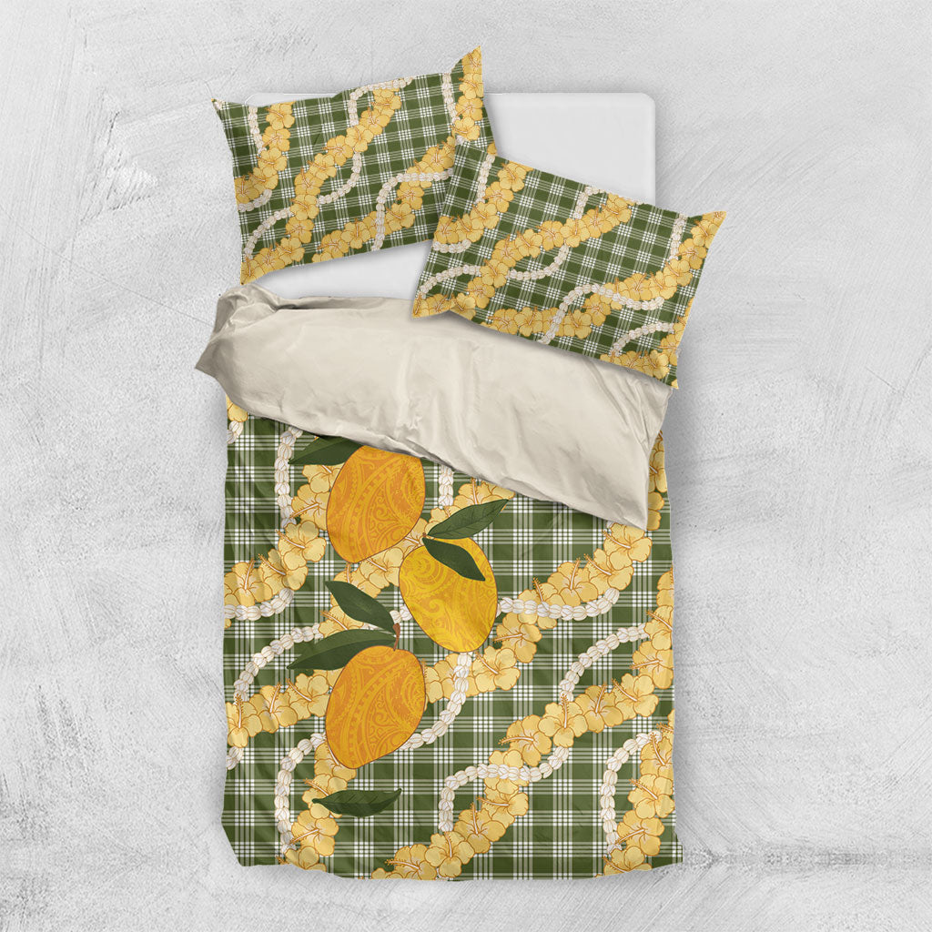 Uliuli Ahiahia Hawaiian Mango Palaka Bedding Set Aloha Hibiscus Pikake Lei LT9 US Twin 172cm x 218cm Sage Green - Polynesian Pride