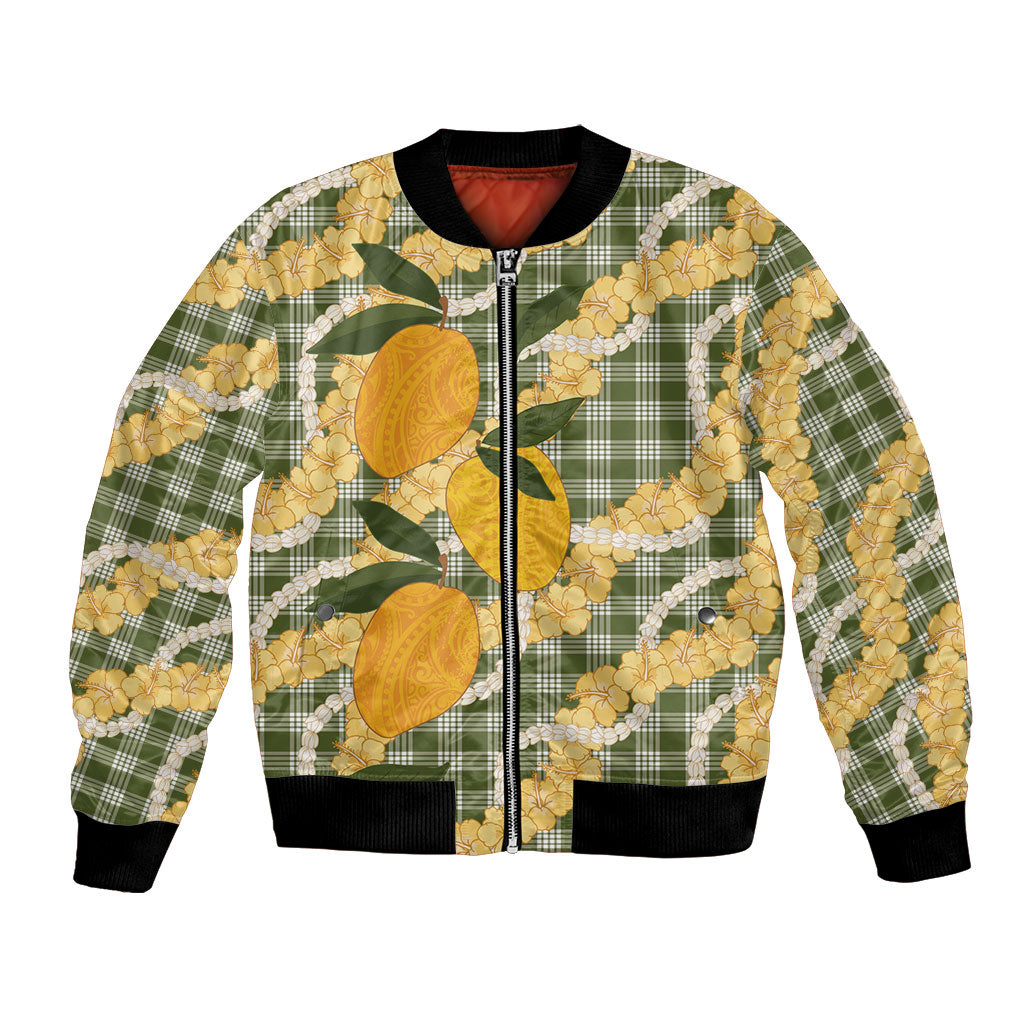 Uliuli Ahiahia Hawaiian Mango Palaka Bomber Jacket Aloha Hibiscus Pikake Lei LT9 Unisex Sage Green - Polynesian Pride