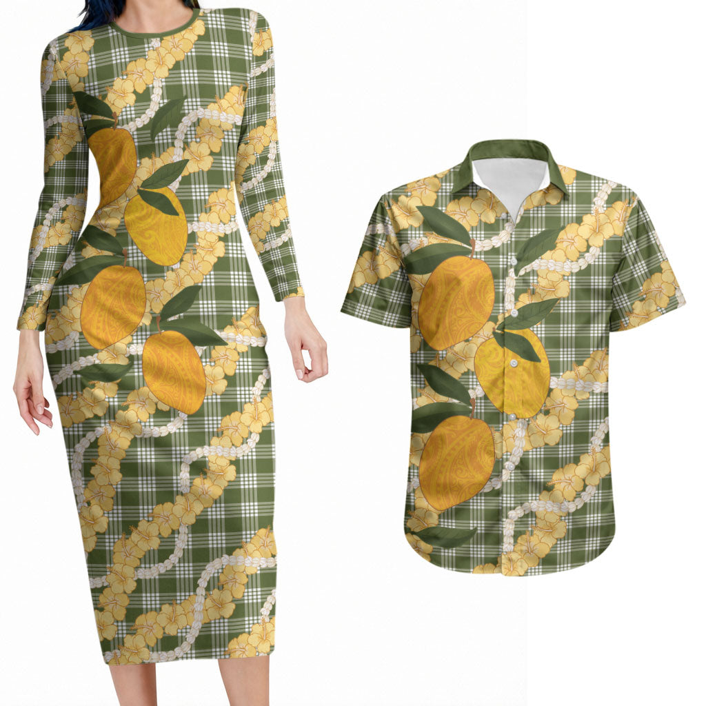 Uliuli Ahiahia Hawaiian Mango Palaka Couples Matching Long Sleeve Bodycon Dress and Hawaiian Shirt Aloha Hibiscus Pikake Lei LT9 Sage Green - Polynesian Pride