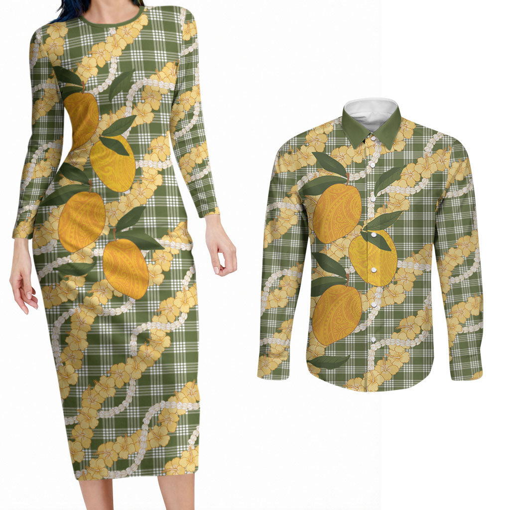 Uliuli Ahiahia Hawaiian Mango Palaka Couples Matching Long Sleeve Bodycon Dress and Long Sleeve Button Shirt Aloha Hibiscus Pikake Lei LT9 Sage Green - Polynesian Pride