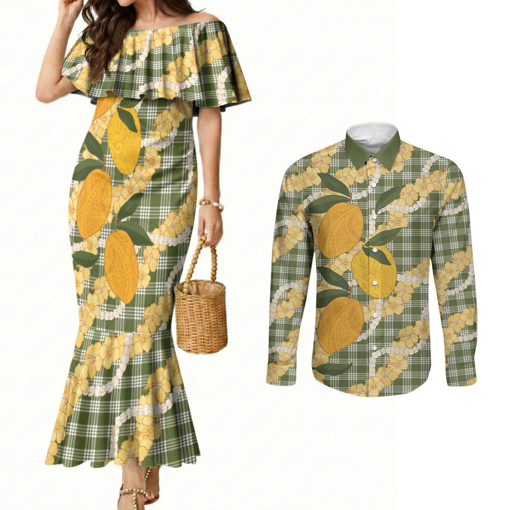 Uliuli Ahiahia Hawaiian Mango Palaka Couples Matching Mermaid Dress and Long Sleeve Button Shirt Aloha Hibiscus Pikake Lei LT9 Sage Green - Polynesian Pride
