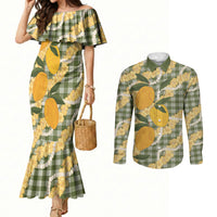 Uliuli Ahiahia Hawaiian Mango Palaka Couples Matching Mermaid Dress and Long Sleeve Button Shirt Aloha Hibiscus Pikake Lei LT9 Sage Green - Polynesian Pride