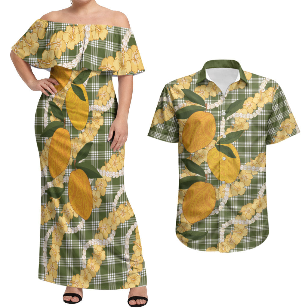 Uliuli Ahiahia Hawaiian Mango Palaka Couples Matching Off Shoulder Maxi Dress and Hawaiian Shirt Aloha Hibiscus Pikake Lei LT9 Sage Green - Polynesian Pride