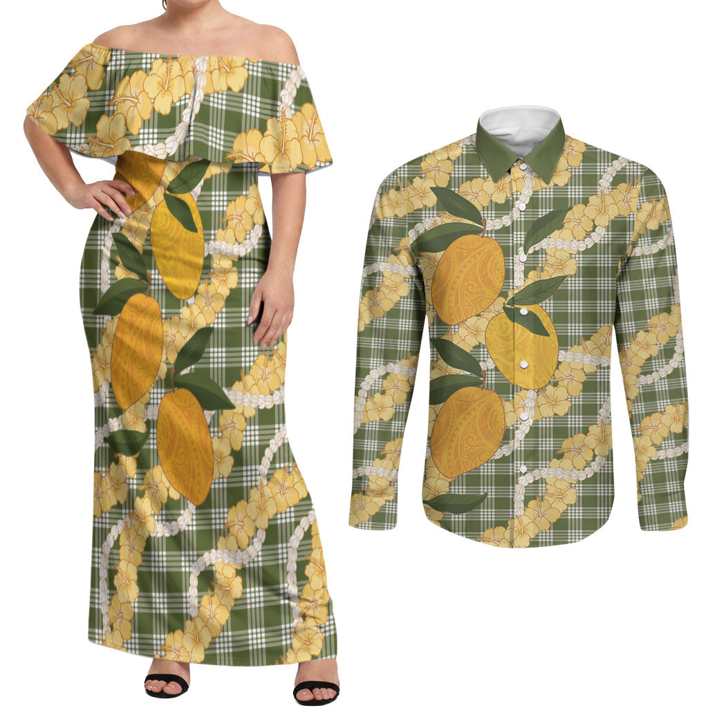Uliuli Ahiahia Hawaiian Mango Palaka Couples Matching Off Shoulder Maxi Dress and Long Sleeve Button Shirt Aloha Hibiscus Pikake Lei LT9 Sage Green - Polynesian Pride