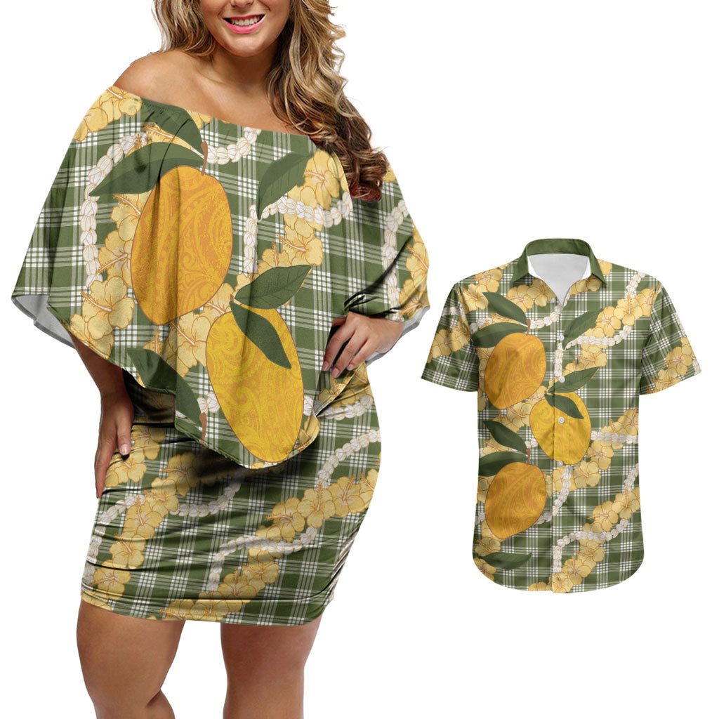 Uliuli Ahiahia Hawaiian Mango Palaka Couples Matching Off Shoulder Short Dress and Hawaiian Shirt Aloha Hibiscus Pikake Lei LT9 Sage Green - Polynesian Pride