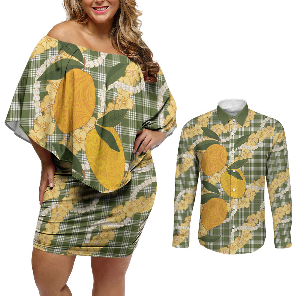Uliuli Ahiahia Hawaiian Mango Palaka Couples Matching Off Shoulder Short Dress and Long Sleeve Button Shirt Aloha Hibiscus Pikake Lei LT9 Sage Green - Polynesian Pride