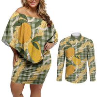 Uliuli Ahiahia Hawaiian Mango Palaka Couples Matching Off Shoulder Short Dress and Long Sleeve Button Shirt Aloha Hibiscus Pikake Lei LT9 Sage Green - Polynesian Pride