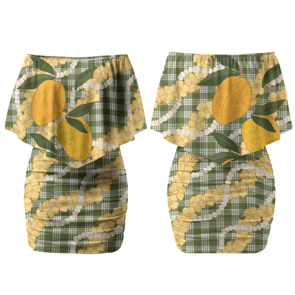 Uliuli Ahiahia Hawaiian Mango Palaka Couples Matching Off Shoulder Short Dress and Long Sleeve Button Shirt Aloha Hibiscus Pikake Lei LT9 - Polynesian Pride