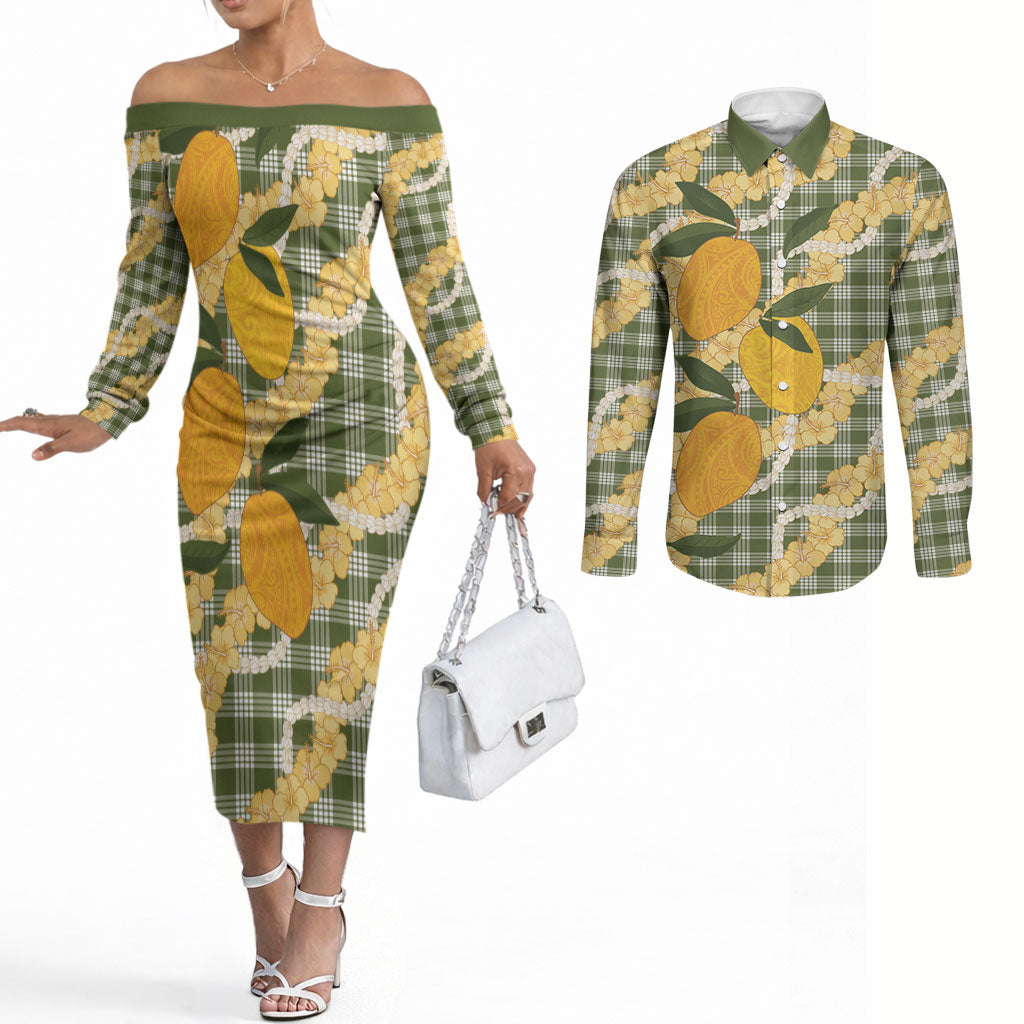 Uliuli Ahiahia Hawaiian Mango Palaka Couples Matching Off The Shoulder Long Sleeve Dress and Long Sleeve Button Shirt Aloha Hibiscus Pikake Lei LT9 Sage Green - Polynesian Pride