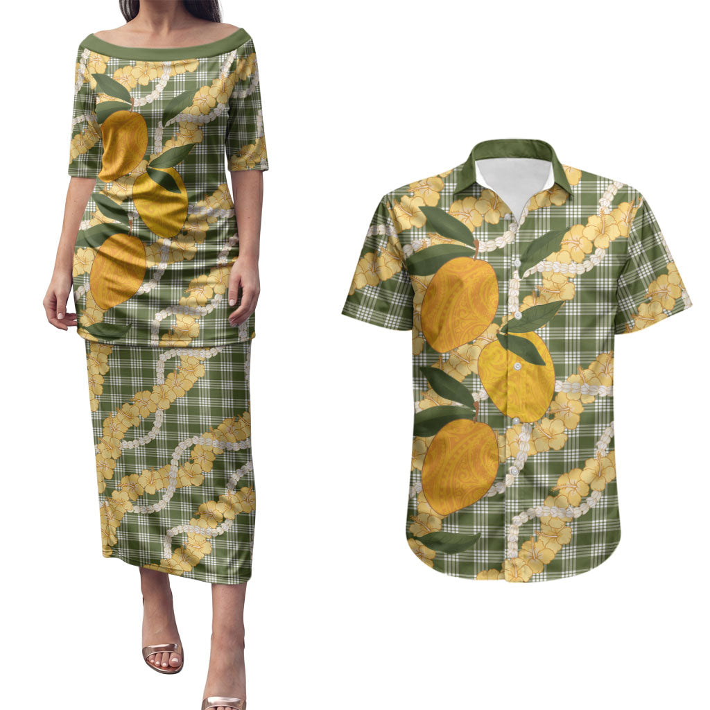 Uliuli Ahiahia Hawaiian Mango Palaka Couples Matching Puletasi and Hawaiian Shirt Aloha Hibiscus Pikake Lei LT9 Sage Green - Polynesian Pride