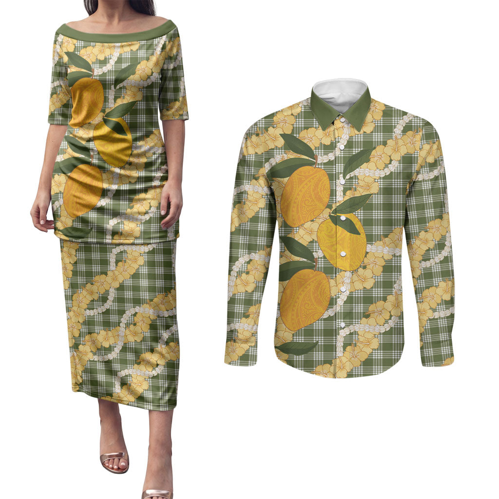 Uliuli Ahiahia Hawaiian Mango Palaka Couples Matching Puletasi and Long Sleeve Button Shirt Aloha Hibiscus Pikake Lei LT9 Sage Green - Polynesian Pride