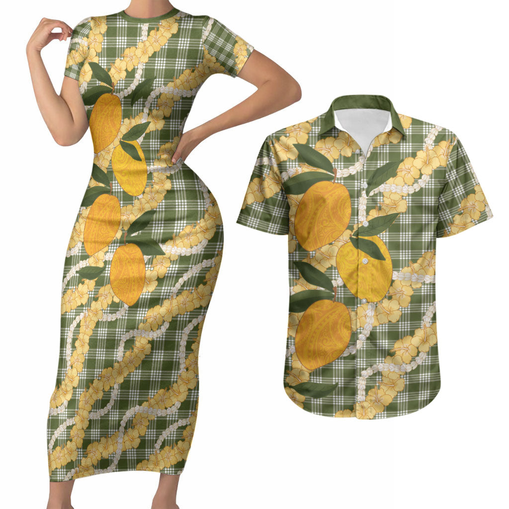 Uliuli Ahiahia Hawaiian Mango Palaka Couples Matching Short Sleeve Bodycon Dress and Hawaiian Shirt Aloha Hibiscus Pikake Lei LT9 Sage Green - Polynesian Pride