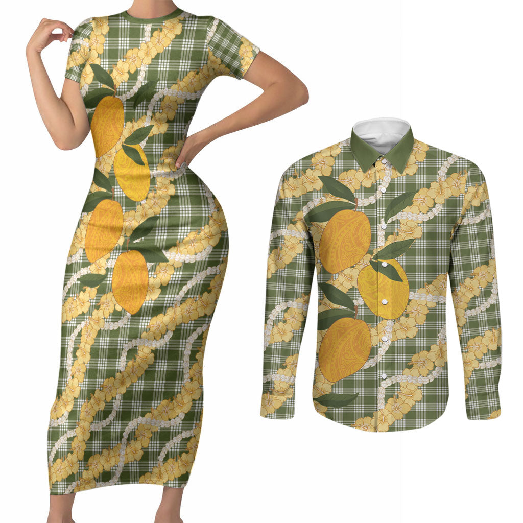Uliuli Ahiahia Hawaiian Mango Palaka Couples Matching Short Sleeve Bodycon Dress and Long Sleeve Button Shirt Aloha Hibiscus Pikake Lei LT9 Sage Green - Polynesian Pride