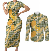 Uliuli Ahiahia Hawaiian Mango Palaka Couples Matching Short Sleeve Bodycon Dress and Long Sleeve Button Shirt Aloha Hibiscus Pikake Lei LT9 Sage Green - Polynesian Pride