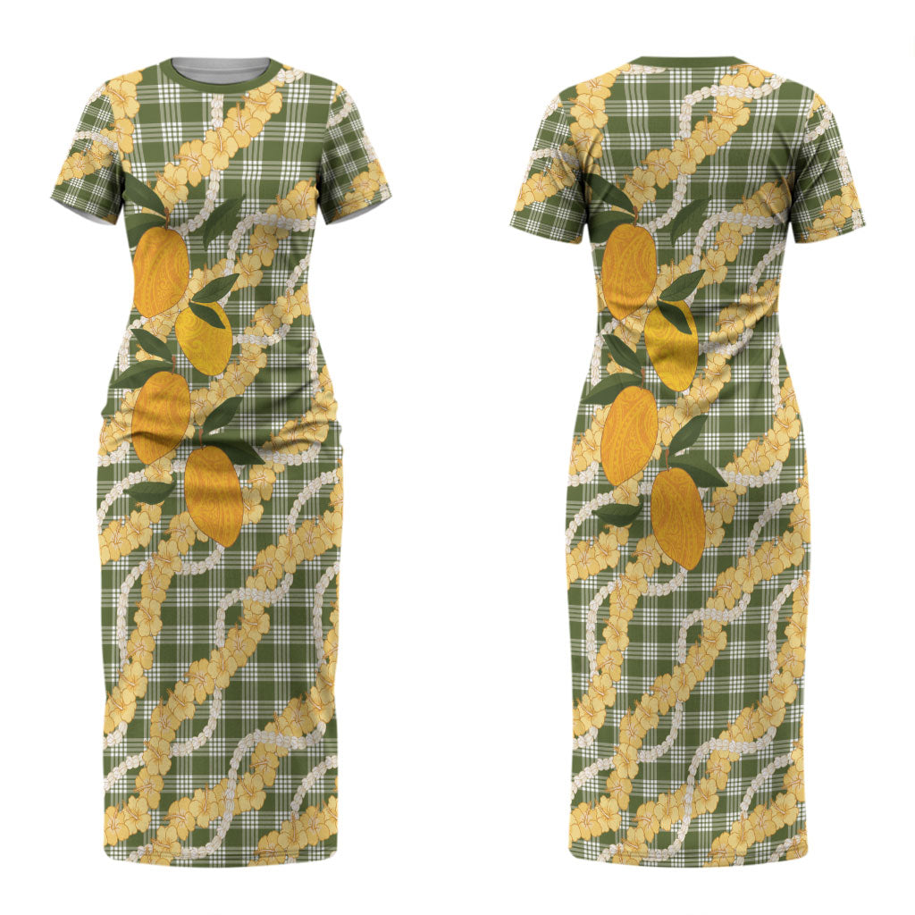 Uliuli Ahiahia Hawaiian Mango Palaka Couples Matching Short Sleeve Bodycon Dress and Long Sleeve Button Shirt Aloha Hibiscus Pikake Lei LT9 - Polynesian Pride