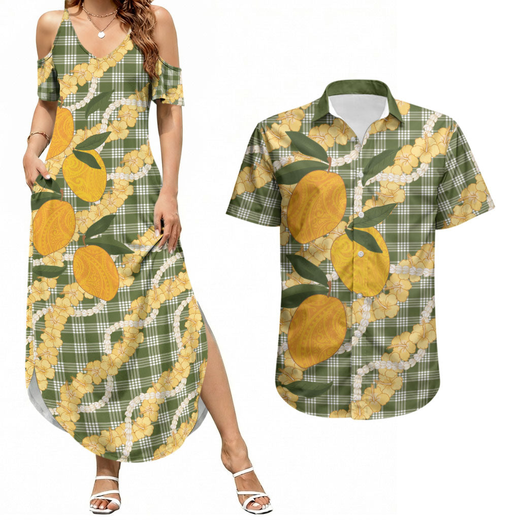 Uliuli Ahiahia Hawaiian Mango Palaka Couples Matching Summer Maxi Dress and Hawaiian Shirt Aloha Hibiscus Pikake Lei LT9 Sage Green - Polynesian Pride