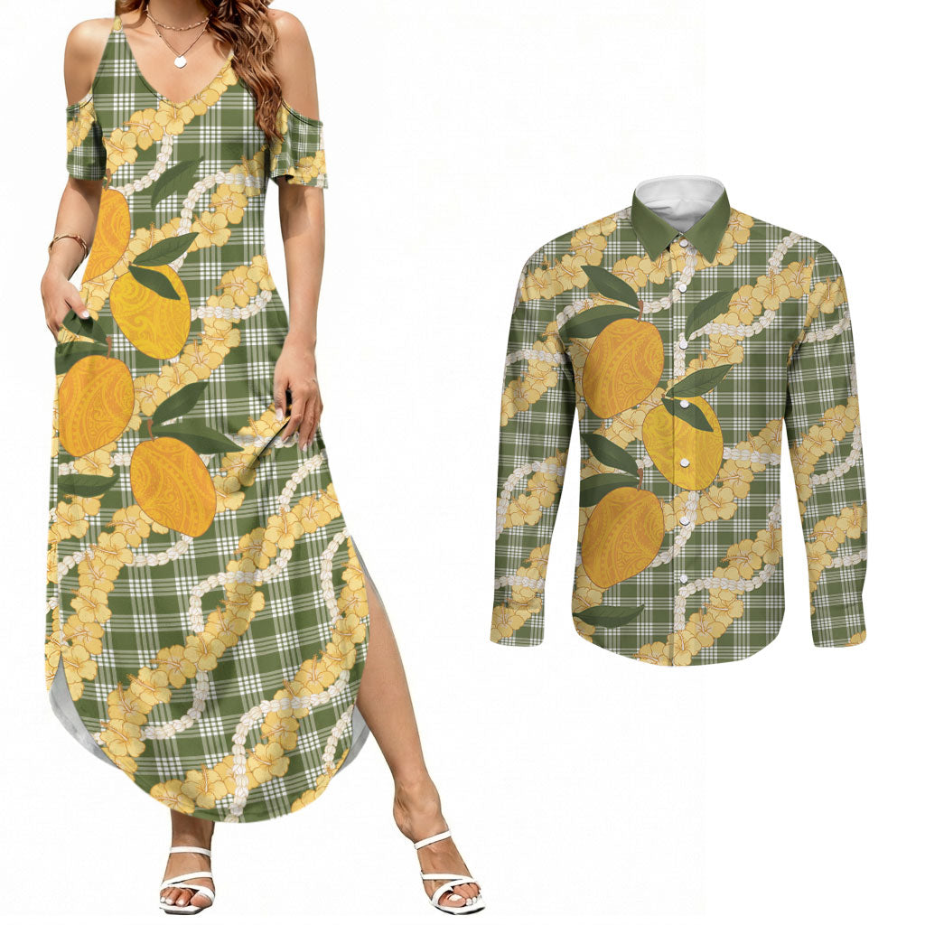 Uliuli Ahiahia Hawaiian Mango Palaka Couples Matching Summer Maxi Dress and Long Sleeve Button Shirt Aloha Hibiscus Pikake Lei LT9 Sage Green - Polynesian Pride