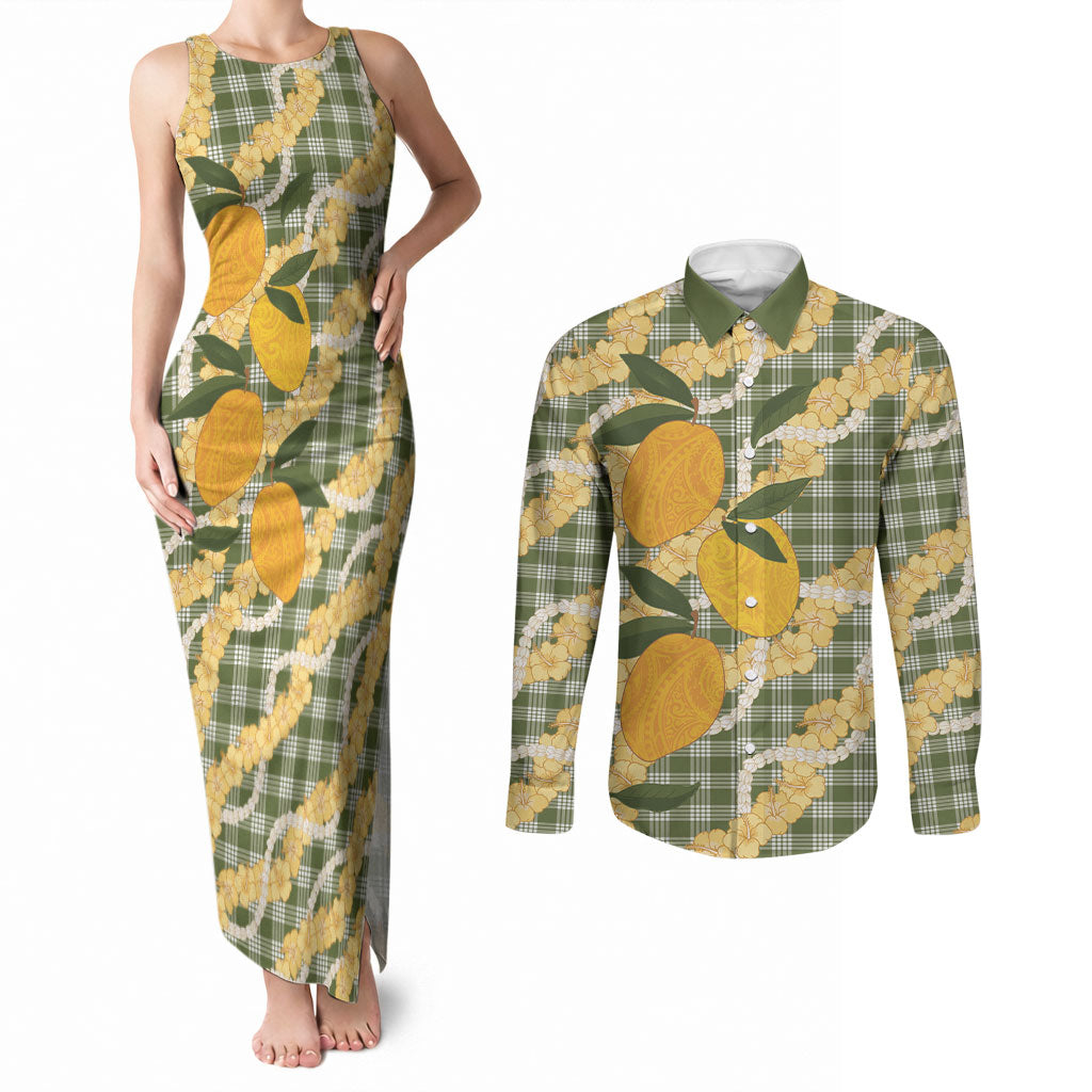 Uliuli Ahiahia Hawaiian Mango Palaka Couples Matching Tank Maxi Dress and Long Sleeve Button Shirt Aloha Hibiscus Pikake Lei LT9 Sage Green - Polynesian Pride