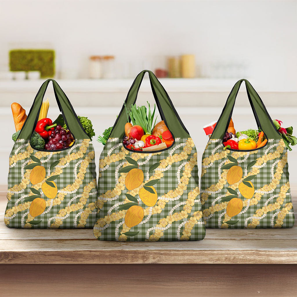 Uliuli Ahiahia Hawaiian Mango Palaka Grocery Bag Aloha Hibiscus Pikake Lei LT9 3-pack One Size Sage Green - Polynesian Pride