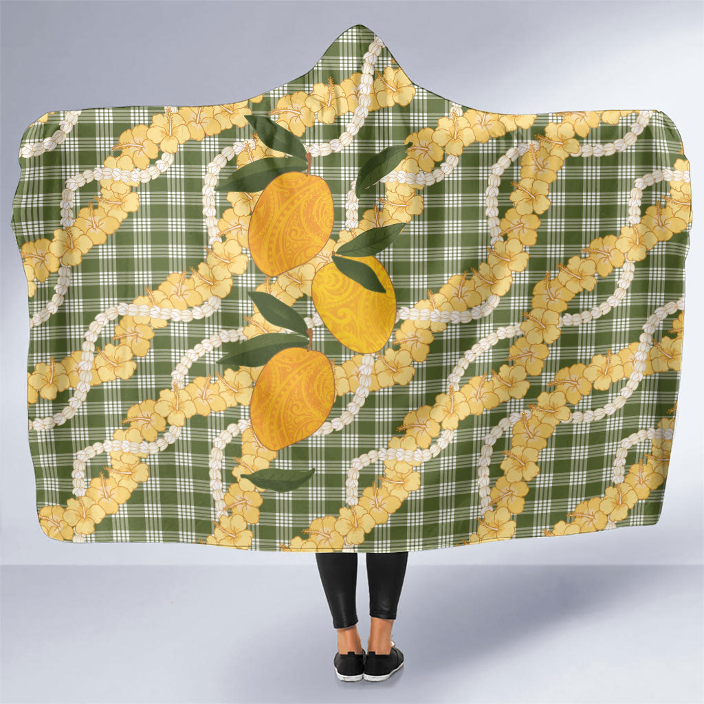 Uliuli Ahiahia Hawaiian Mango Palaka Hooded Blanket Aloha Hibiscus Pikake Lei LT9 One Size Sage Green - Polynesian Pride